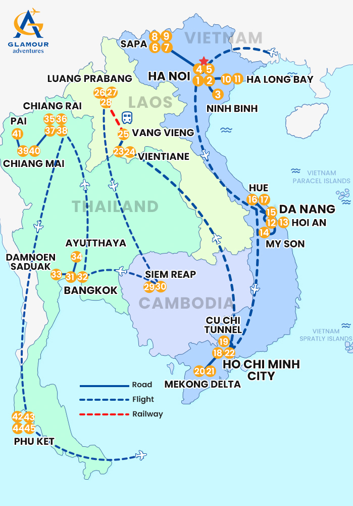 The map of Viaje Privado de 45 Días y 44 Noches por Vietnam- Laos- Camboya- Tailandia - El Gran Viaje de Autor por el Sudeste Asiático