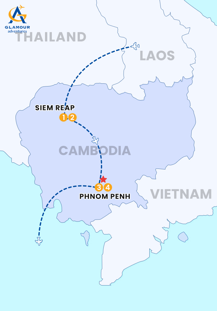 The map of TOUR DE 4 DÍAS SIEM REAP - PHNOM PENH EN VUELO