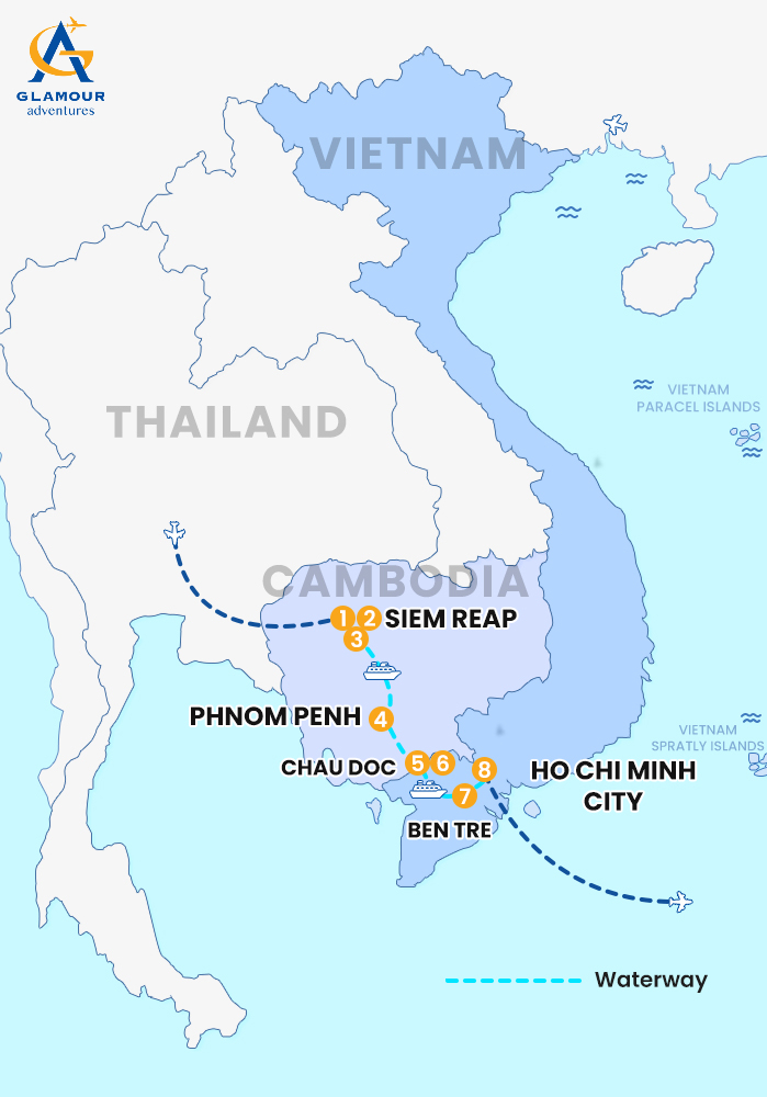 The map of Private Vietnam 8 Days 7 Nights - Classic Mekong River cruise from Siem Reap to Saigon