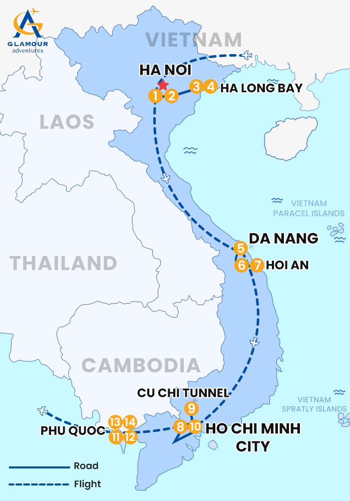 The map of Tour de luna de miel privado por Vietnam 14 días 13 noches