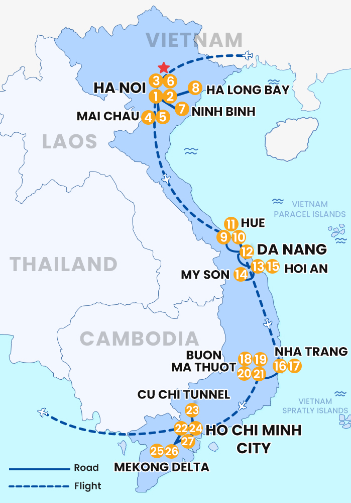 The map of VIETNAM PRIVADO 27 DÍAS / 26 NOCHES – SABORES Y PATRIMONIO DE VIETNAM