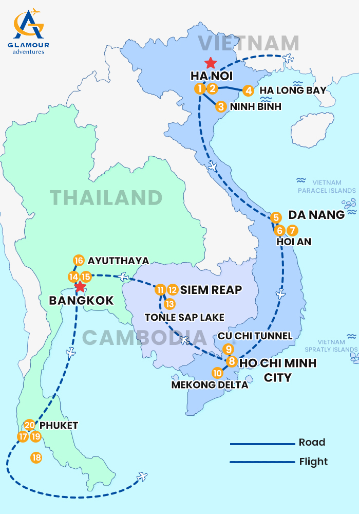 The map of Viaje Privado por Vietnam, Camboya y Tailandia de 20 Días y 19 Noches - El Gran Viaje por Indochina