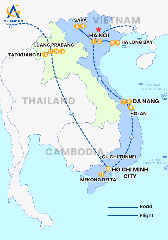 The map of VIETNAM PRIVADO – LAOS 15 DÍAS / 14 NOCHES – DE HANÓI A LUANG PRABANG