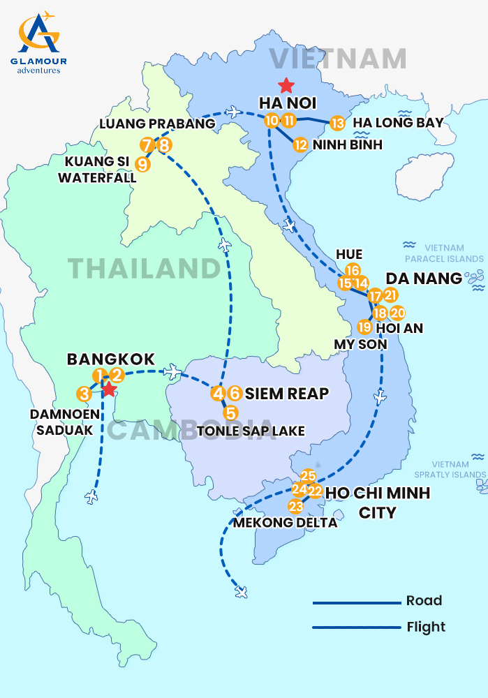 The map of Viaje Privado por Vietnam, Laos, Camboya y Tailandia: 25 Días y 24 Noches - Travesía por el Sudeste Asiático