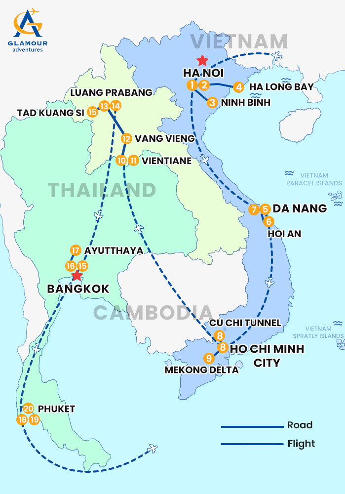 The map of Private VietNam – Laos – Thailand 20 Days-  Mekong Journey